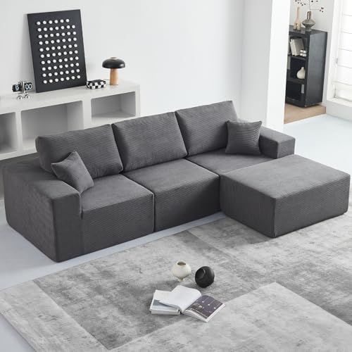 CHOSHOME Corner Sofa with Deep Seat, Modular L-Shaped Sectional Sofa, Chaise Lounge, Boneless Cloud Couch, Modern Plush Corduroy Couch for Apartment & Living Room, No Assembly Required, Dark Grey