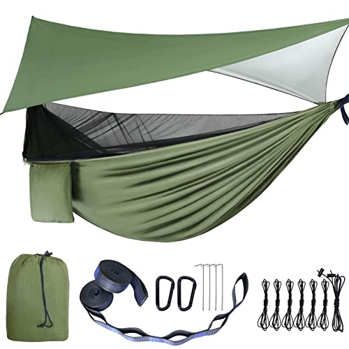 Camping Hammock – Hammocks with Mosquito Net Tent and Rain Fly Tarp, Portable Single & Double Nylon Parachute Hammock with Heavy Duty Tree Strap, Indoor Outdoor Backpacking Survival Travel