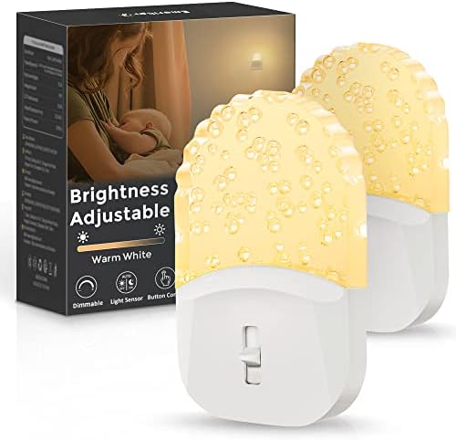 Night Light, Emeritpro Dimmable Night Light Plug in Wall with Dusk to Dawn Sensor, Support 0-50LM Brightness Adjustable, 3000K Warm White - 2 Pack