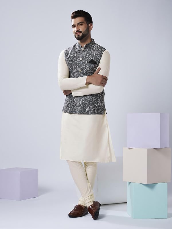 Image of Kisah Men's Silk Blend Printed Nehru Jacket Regular Fit | Designer Ethnic Layering | Wedding & Occasion Wear