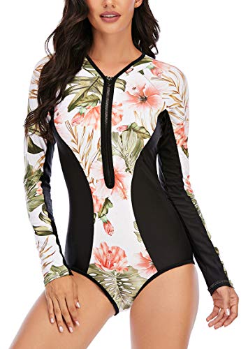 Swimall Women Long Sleeve Bathing Suit One Piece Rash Guard Swimsuit Zipper Front Swimwear Upf 50+(Pink Flower1, Large(8-10)) #TOP4