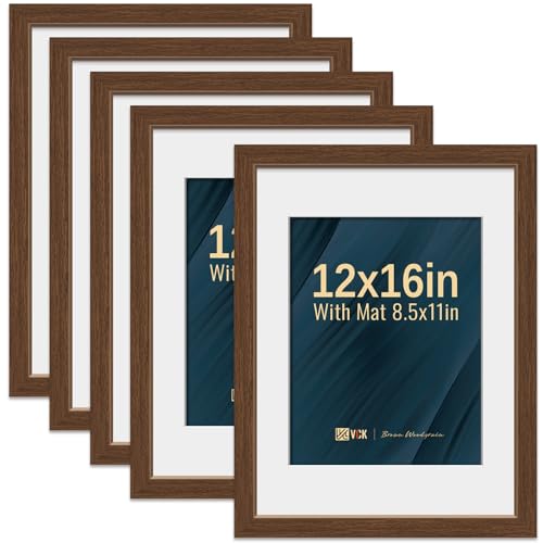 Image of VCK 12x16 Frame 5 Pack, Brown Wood, 8.5x11 Mat, Glass, for Photo Print