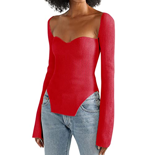 Image of Women's Square Neck Ribbed Knitted Sweater Long Sleeve Crop Slim Fitted Basic Pullover Tops