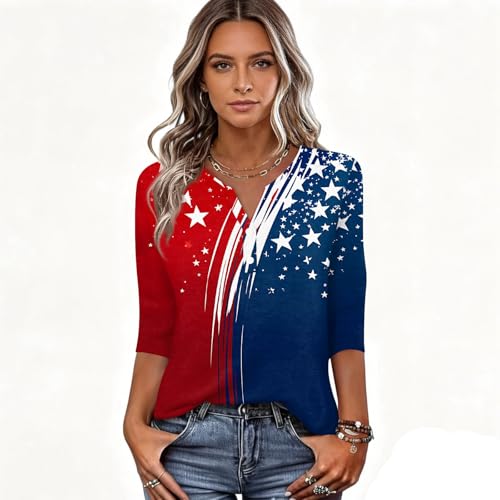 Image of 4th of July Shirts Women 3 /4 Length Sleeve Womens Tops Henley Neck Casual Patriotic T Shirts
