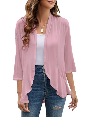 Image of Yekaty Women Cardigan 3 /4 Sleeves Open Front Lightweight Cardigan Draped Ruffles Knit Cardigan