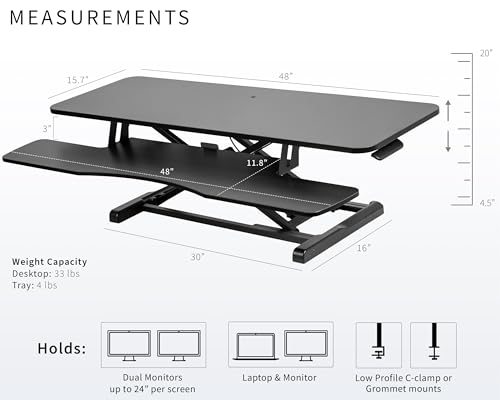 Image of VIVO 48 inch Desk Converter, K Series, Height Adjustable Sit to Stand Riser, Dual Monitor and Laptop Workstation with Wide Keyboard Tray, Black, DESK-V048KB