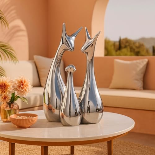 Image of Xtore Home Decor Lucky Silver Deer Statue Family Piano Finish Ceramic Figures - (Set of 3, Silver Set)