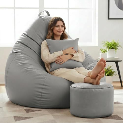 Image of KAM'S LIEU 6XL Jumbo Premium Bean Bag Chair with Footrest & Cushion | Filled with High Density EPS Beans | Comfortable Sofa for Living Room & Bedroom | 6 Months Warranty, Color- (Grey, 6XL, Premium)