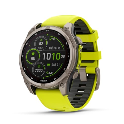 Image of Garmin fēnix 8 - 47 mm, Solar, Sapphire, Premium Multisport GPS Smartwatch, Long-Lasting Battery Life, Dive-Rated, Built-in LED Flashlight, Titanium with Amp Yellow /Graphite Band