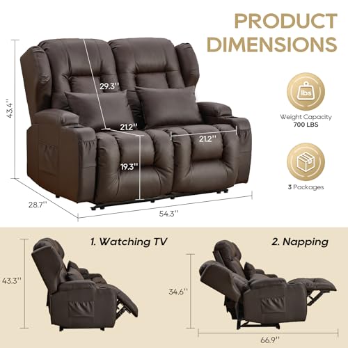 Image of IPKIG 54.2 inch RV Loveseat Recliner Sofa, Faux Leather Wall Hugger Reclining Chair with Cup Holder and Side Pockets, Home Theater Seating Manual Recliner for Living Room (Brown, Loveseat)