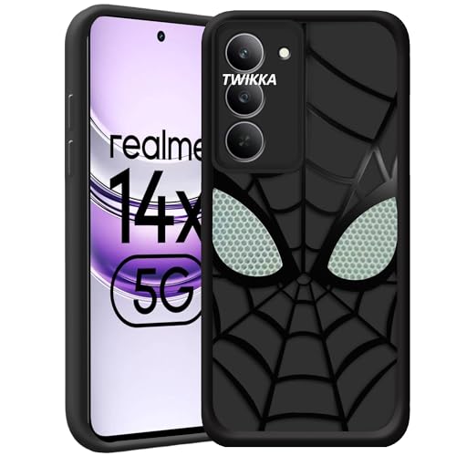 Image of Stylish Spider Back Case Cover Compatible for Realme Narzo 80x 5G /Realme P3x 5G /Realme 14X 5G | Spidey Face Mask Case | Soft Silicone | Camera & Full Body Protection | Shock Proof | (Black)
