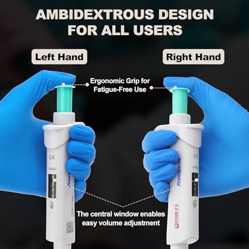 Image of 4E's USA Lab 5-50μL Pipette: Single-Channel Adjustable Micropipette with Color-Coded Top (Green), 4 Digit Display, Universal Tip Cone, High Accuracy, ISO 8655 Calibrated & Lower Portion Autoclavable