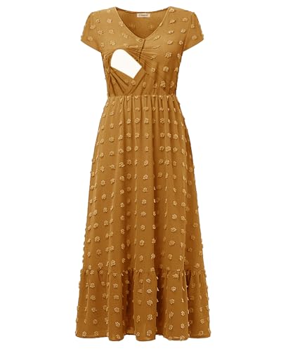 Image of CzzzyL Women Nursing Boho Maxi Dresses Cap Short Sleeve V Neck Swiss Dot High Waisted A-Line Ruffle Tiered with Pockets