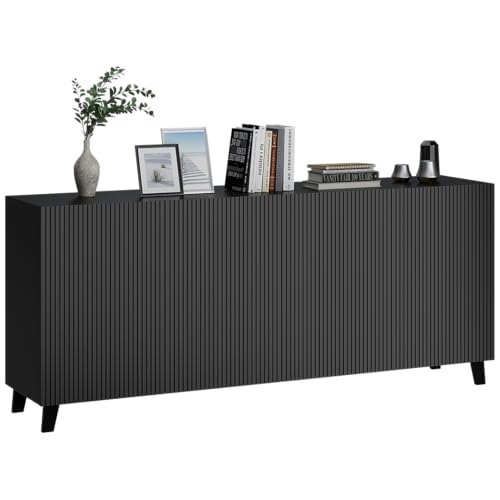 Bellamio Tana Kommode schwarz – Sideboard 185 cm lang geriffelt – TV Schrank mit 4 Türen und 8 Fächern – Lowboard stehend für Wohnzimmer/Esszimmer/Schlafzimmer – Fernsehschrank matt mit MDF-Front