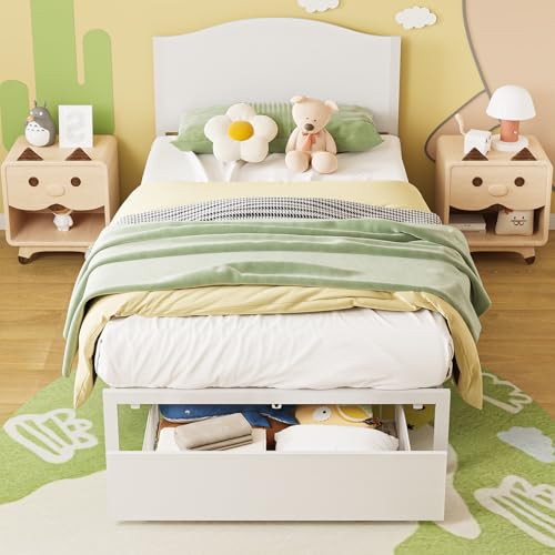 Timy Twin Bed Frames with Drawer and Wooden Headboard for Kids, Metal Platform Bed Frame for Boys Girls Toddlers, No Box Spring Needed, Noise Free, Easy Assembly