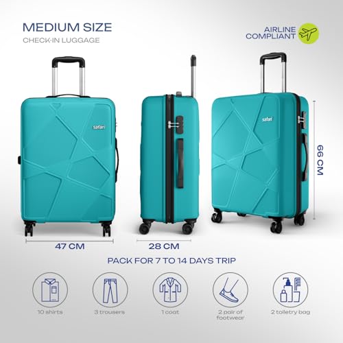 Image of Safari Pentagon Pro 8 Wheels Checkin Trolley Bag, Hard Case Polypropylene 360º Wheeling Luggage for Men & Women, Suitcase Bag for Travel, Cyan, 65 cm, Medium Size