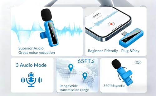 Image of Wireless Lavalier Microphone for iPhone - iPad, Android Phone Computer, Mini Microphone for Live Streaming, Video Recording, Outdoor or Indoor Interviews, YouTube, TikTok, Vlog (Blue)