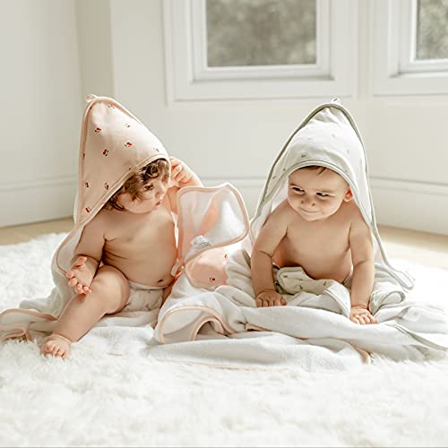 Image of Ely's & Co. Baby Hooded Towel and Wash Cloth Set, Thick Absorbent 100% Cotton Terry, for Newborn Baby Girl, Bath Towel 35 inchx35 inch with Pocketed Wash Cloth 10 inchx10 inch (Red Cherry Collection)
