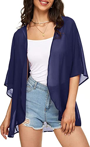 Image of Indian Trendy Women's Solid Puff Sleeve Kimono Cardigan Loose Cover Up Casual Blouse Top Chiffon