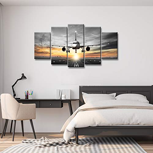 Levvarts 5 Piece Wall Art Flying Over Runway At Sunset Picture Canvas Prints Modern Office Living Room Aircraft Poster Wall Decor Gallery Canvas Wrapped Ready To Hang #TOP4