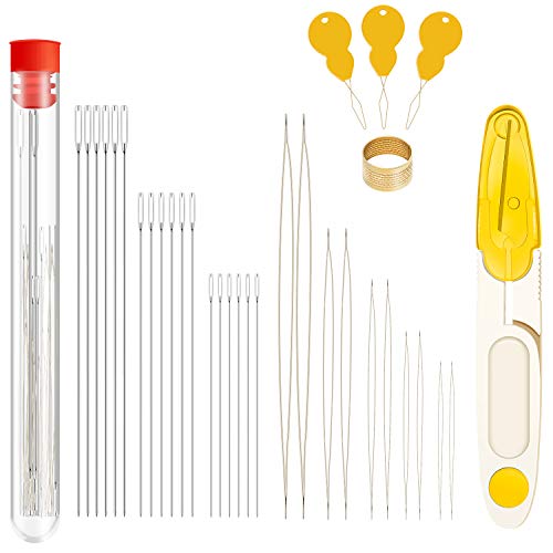 46 Pieces Beading Needles Set, 5 Sizes Big Eye Needles, 3 Sizes Long Straight Needles with Storage Tube, Scissor, Threader, Thimble for Jewelry Making