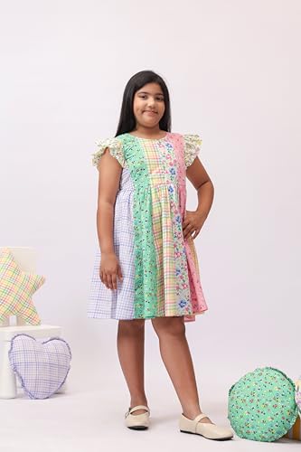 Image of Kids Girls Printed Embroidered Fusion Dress | Handmade Crafted Designer Ethnic Wear | 100% Cotton