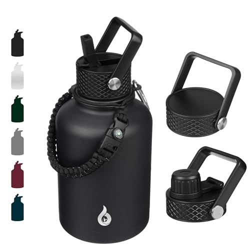 Image of BJPKPK Insulated Water Bottles with Straw Lid, 50oz Large Water Jug, Stainless Steel Vacuum Bottles, Hot & Cold Thermo with 3 Lids and Paracord Handle, Black