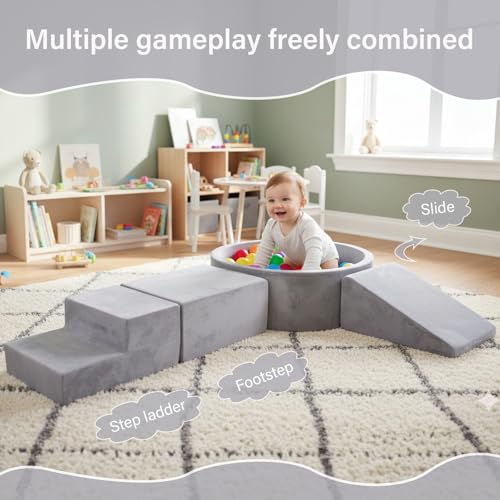 Image of Tiita Climbing Toys for Toddlers 1-3 Indoor with Ball Pit, 4-Piece Kids Foam Climbing Blocks, Activity Soft Play Climbing for Baby, Grey, Balls not Included
