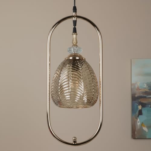 Image of ELIANTE Modern Glass Hanging Light for Living Room & Dining Area | Metal Ceiling Lamp with Elegant Glass Shade | 3 Years Warranty | Free Bulb (Amberic)
