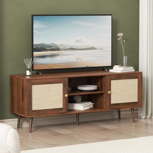 Furnify Rattan TV Stand for 55/60 inch TVs, Walnut