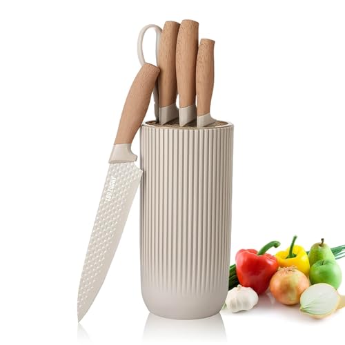 Chef Knife Set with Block, 6-Piece Kitchen Knives Set with Sharp Blades, Professional Knife Set with Ergonomic Handle, Non-Stick Stainless Steel Knife Block Set (Khaki)
