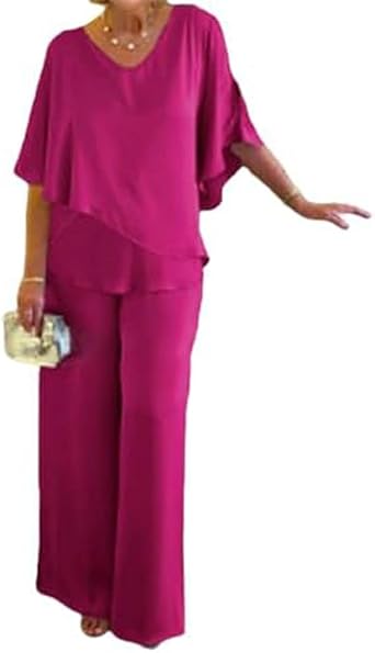 LOAIHA Womens 2 Piece Chiffon Pant Suits Dressy Casual Loose 3/4 Sleeve Crew Neck Mother of Bride Flowy Summer Sets Outfits