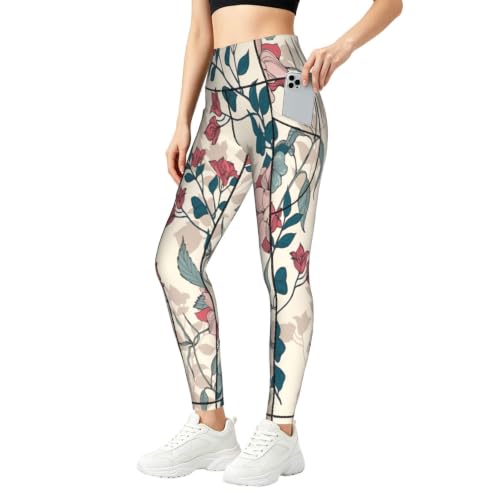 Pantalones de yoga opacos con bolsillos y estampado floral rosa para fitness