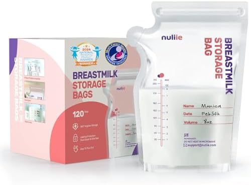 Nuliie 120 bolsas de almacenamiento de leche materna, bolsas de almacenamiento de leche materna de 8 onzas, sin BPA, bolsas de almacenamiento de leche con boquilla vertedora para lactancia materna, bolsa independiente, perfil plano que ahorra espacio