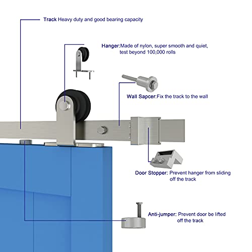 Jubest Satin Nickel Sliding Barn Door Hardware Kit Single Door Flat Track Kit Top Mounted Roller 5.5Ft #TOP4