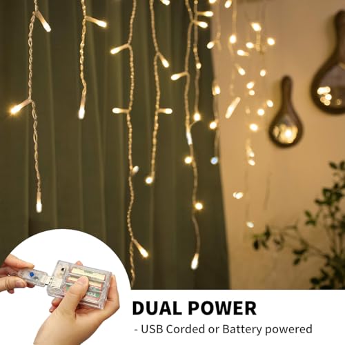 TUSLUZ 13ft Icicle Christmas Lights 96 LED, USB/Battery Powered, Remote Timer, 18 Drops Curtain Fairy Light for Wedding Christmas Halloween Party Room Decoration (Warm White) by TUSLUZ - Image 2