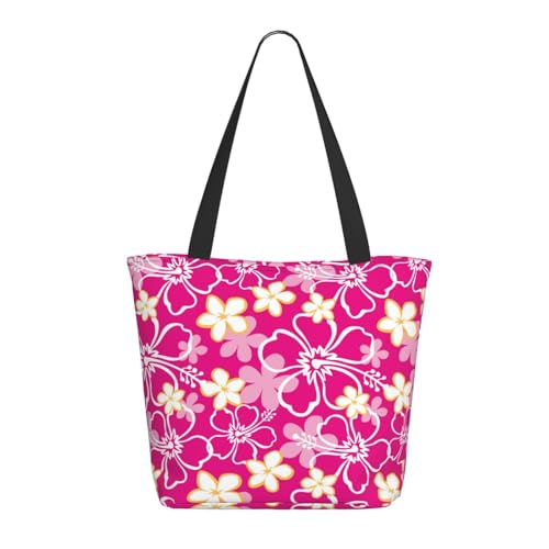 Image of Buewutiry Travel Tote Bag for Women Work - Lightweight Hawaiian Style Pink Flower Shoulder Bag Nurse Bag Beach Handbags for Women, Fashion Large Tote Purse for Women with Zipper