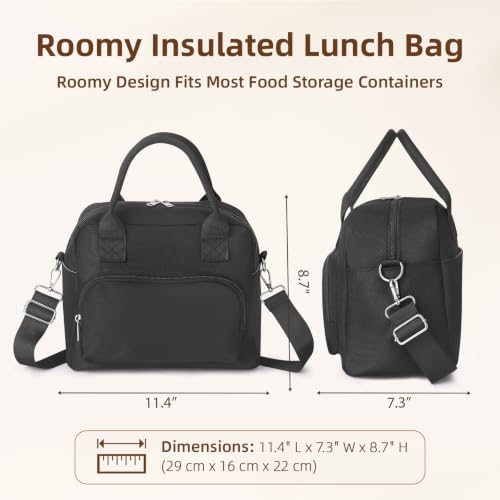 Image of LOVELYWIND Large Insulated Lunch Bag For Women, Black Lunch Box 12L | Large Shoulder Strap Lunch Tote With Insulated Lining; Stylish Look For Work, School, Picnic, And Organized Meals.
