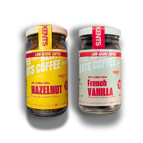 Image of Kents Coffee Premium Flavor Combo - VANILLA & HAZELNUT Instant 2 x 50g Jars | LOW ACIDIC COFFEE| Medium Roast | 100% Arabica | No Added Sugar | 90 Cups Serves | CHIKMAGALUR | Perfect for Hot & Cold Brews | Espresso, Latte, ICED & COLD COFFEE (50g x 2)