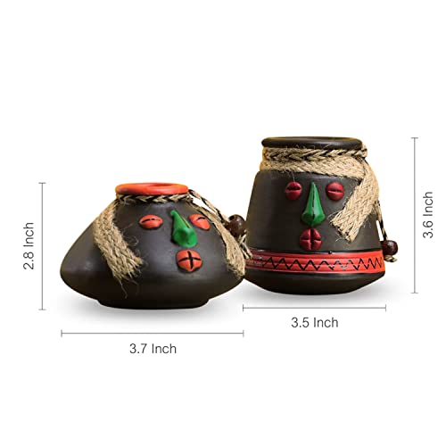 Image of ExclusiveLane 'Face Pot' Terracotta Decorative Pots Showpiece for Home Decor (Set of 2, 18.2 x 18.2 x 9.1 cm, Black) | Terracotta Decor Center Table Decorative Items Pots Home Decor Items