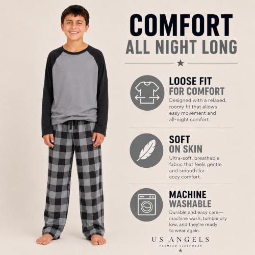 Image of US Angels Boys Pajamas Set | 3-Piece Pant, Shirt, Shorts Sleepwear Pjs for Kids | Loose Fit, Soft, Breathable Blue Plaid