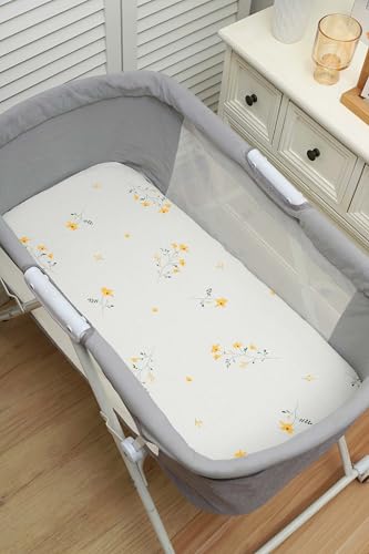 Image of Onacosht Muslin Bassinet Sheets 33 inchx19 inch, 3 Pack Leaf & Floral Beige