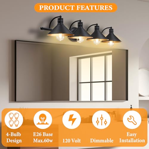 Image of 4 Light Bathroom Vanity Light Over Mirror - Black and Gold Farmhouse Wall Light for Bathroom Vanity Powder Room, Rustic Goose Neck Barn Style 4 Bulb Wall Sconce Over Kitchen Sink