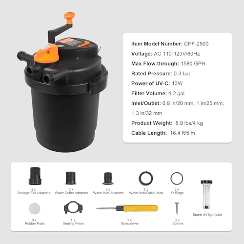 Image of VEVOR Bio Pressure Pond Filter, Up to 1600 Gallons, with 13W UV-C Light, 1580 GPH, Pressurized Biological Pond Filter System Filtration Equipment for Fountain Pool, Koi Fish Aquarium Tank Garden Water