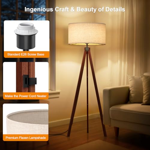 LEPOWER Wood Tripod Floor Lamp, Mid Century Standing Lamp, Modern Design Studying Light for Living Room, Bedroom, Study Room and Office, Flaxen Linen Shade with E26 Base Brown - Image 6