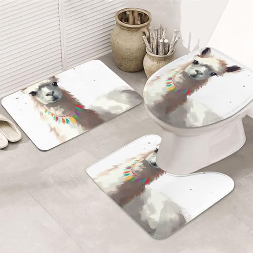 Dwrepo Llama Print Bathroom Rug Set 3 Piece with Non-Slip U-Shaped Contour Mat and Toilet Lid Cover for Bathroom Decoration