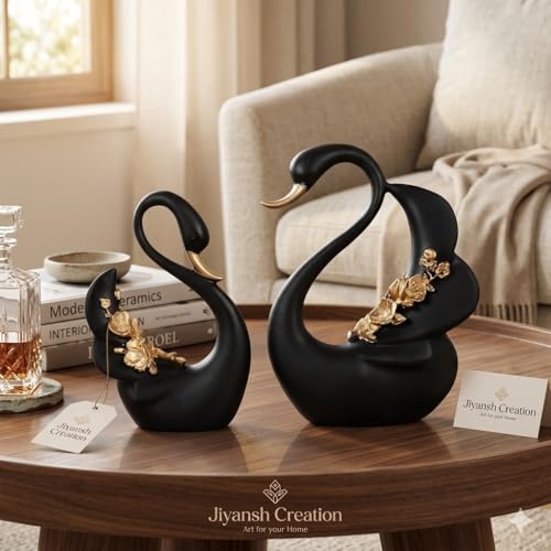 Image of JIYANSH Creation Duck Swan Pair Figurine - Feather Design Black Sculpture for Home Decor Living Room Table - Antique Showpiece Pack of 1 (Black Swan)