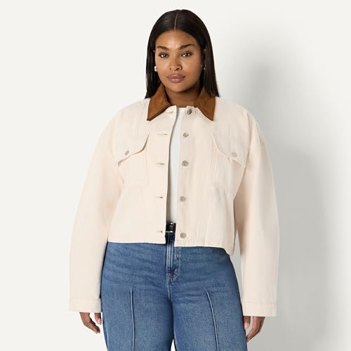 Amazon Essentials Women's Oversized-Fit Cropped Heavyweight Denim Jacket with Contrast Corduroy Collar, Ecru, X-Large - image 6