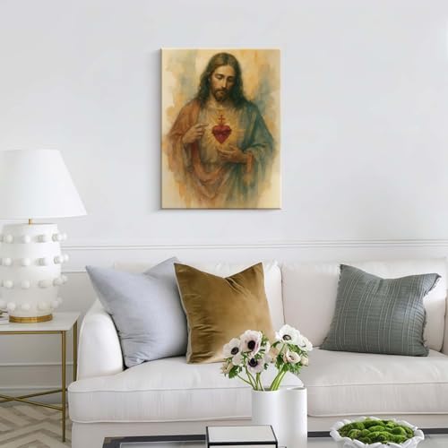 Framed Sacred Heart of Jesus Canvas Wall Art Divine Mercy Christ Catholicism Portrait Religious Print Poster Picture for Living Room Bedroom Church or Office Decor 16x24 Inch Ready to Hang by WALUPLL - Used condition - Image 5
