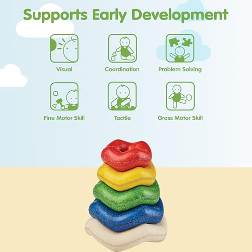 Image of PlanToys Wooden Wave Stacker | Montessori Stacking Toy for Imaginative Play, Fine Motor Skills and Coordination | Eco Friendly Baby Toy for Sensory and Problem Solving Development